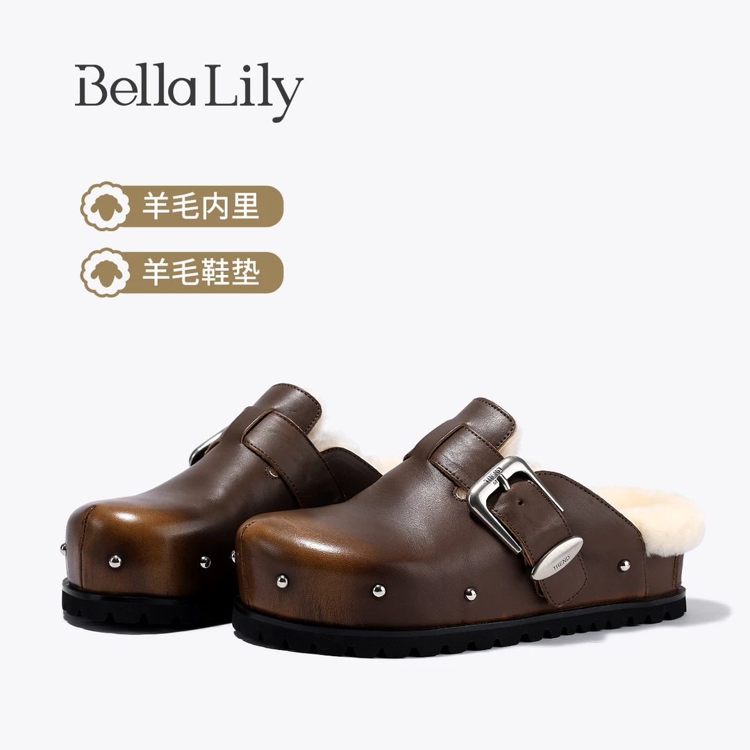 BellaLily秋季新款复古牛皮勃肯半拖鞋女单鞋加绒懒人毛毛鞋