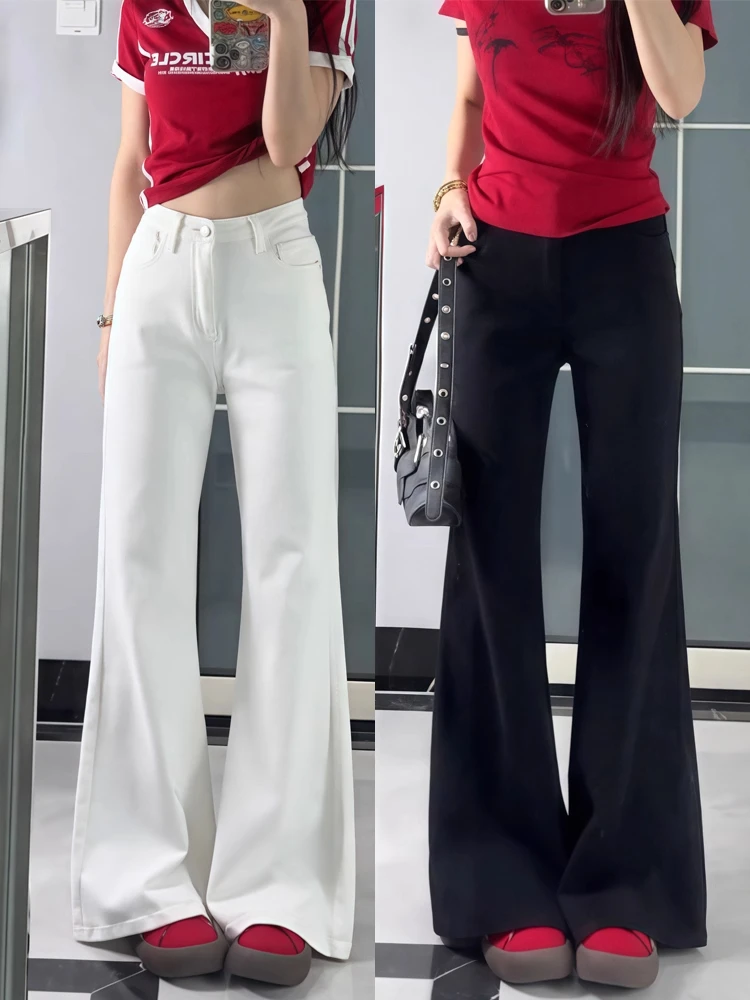 白色不贴腿微喇牛仔裤女2025早秋新款大码胖mm高腰弹力直筒喇叭裤