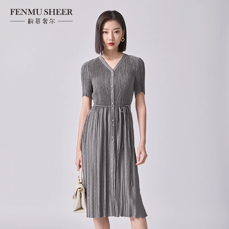 【莉莉专属】粉慕奢尔「湖畔缪斯」醋酸流光缎面压褶连衣裙女D2120