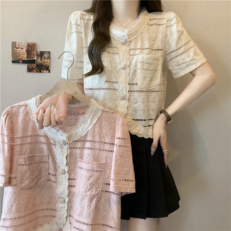 夏季新款镂空短袖衬衣别致小衫小香风蕾丝衬衫女名媛短款
