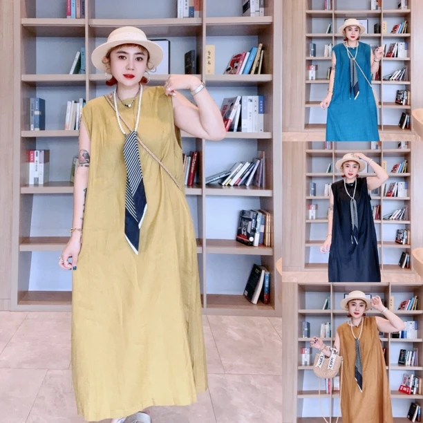 906#净版纯色显瘦修长彩色减龄包肩麻料连衣裙（卡码拍大 裙长118