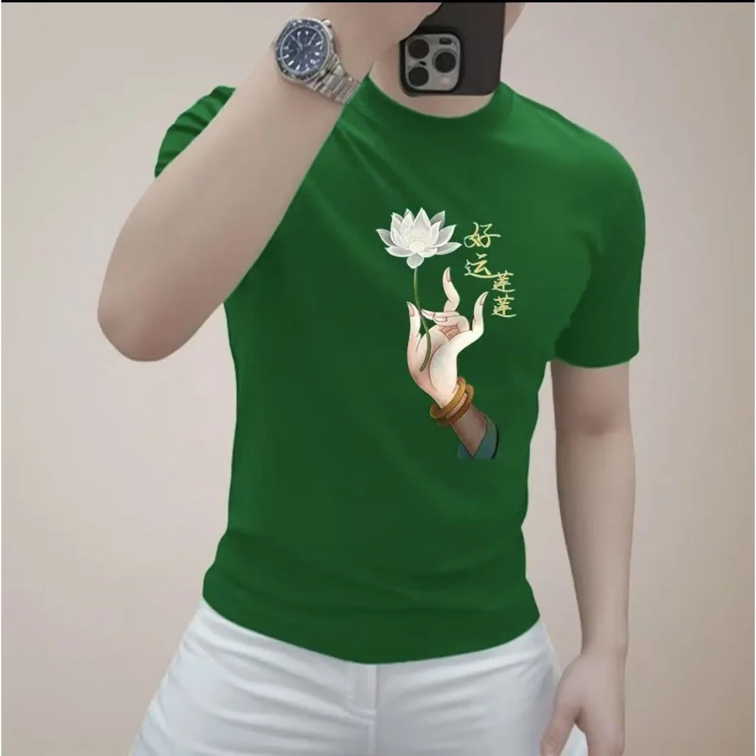 2025夏季潮流手持莲花时尚图案好运莲莲男女同款纯棉休闲短袖T恤