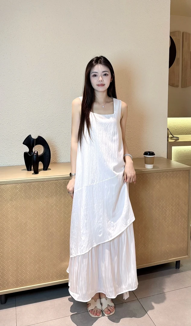 长裙法式无袖夏季方领拼接连衣裙裙子气质设计感长款显瘦设计师