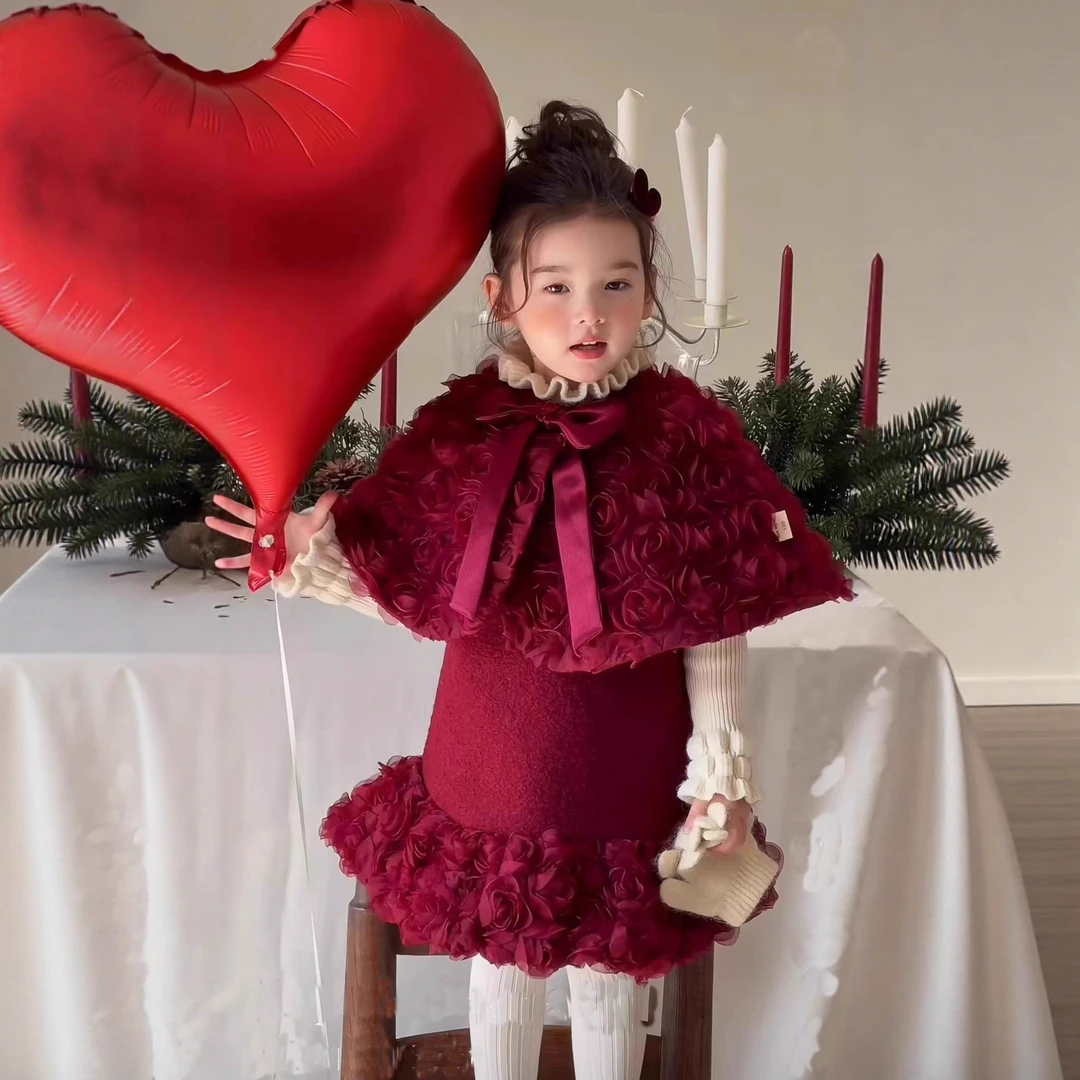 女童套装拜年服25新款冬季宝宝加厚保暖斗篷毛呢礼服公主连衣裙子