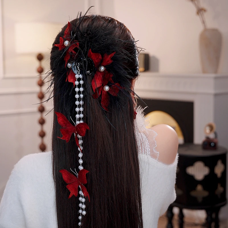 枯叶蝶鲨鱼夹超仙羽毛高级花朵抓夹复古百搭蓬松加倍显发量发饰女