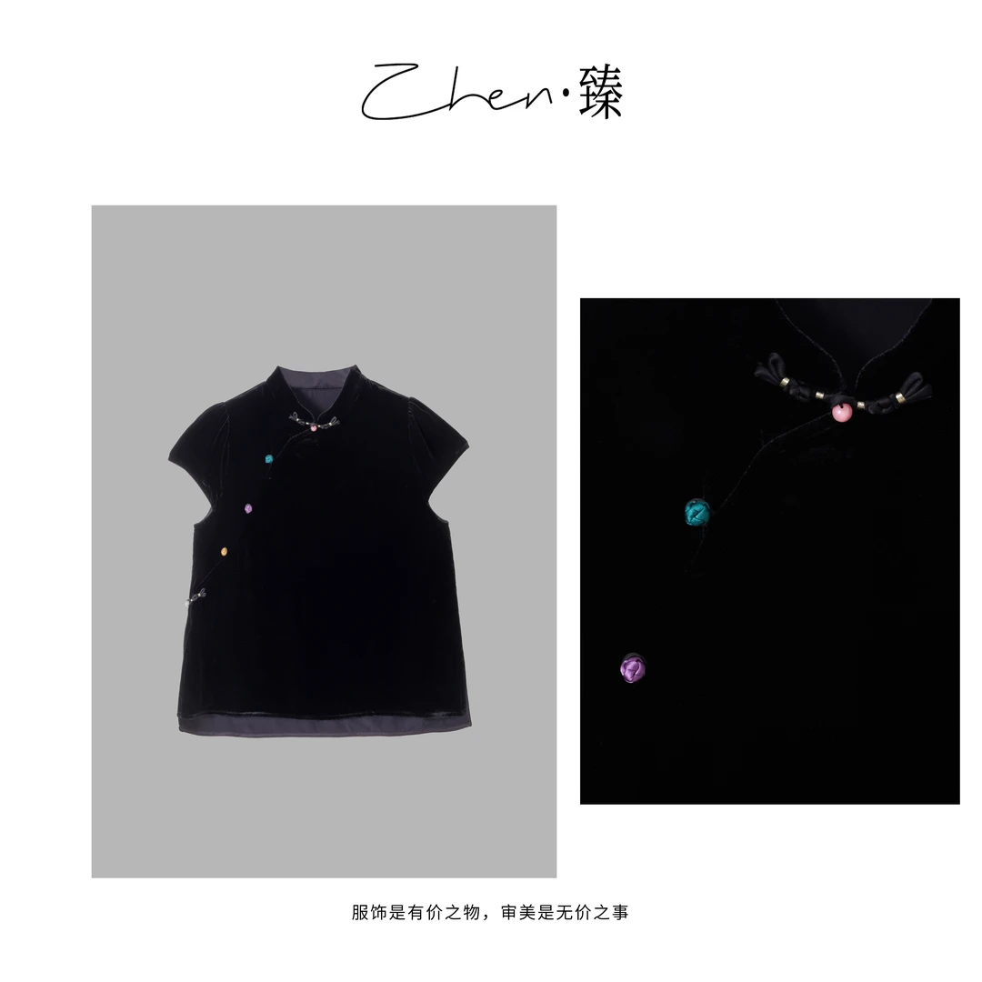 ZHEN.臻 新中式立领如意结彩绘斜襟钮扣真丝丝绒短袖SY8469Z