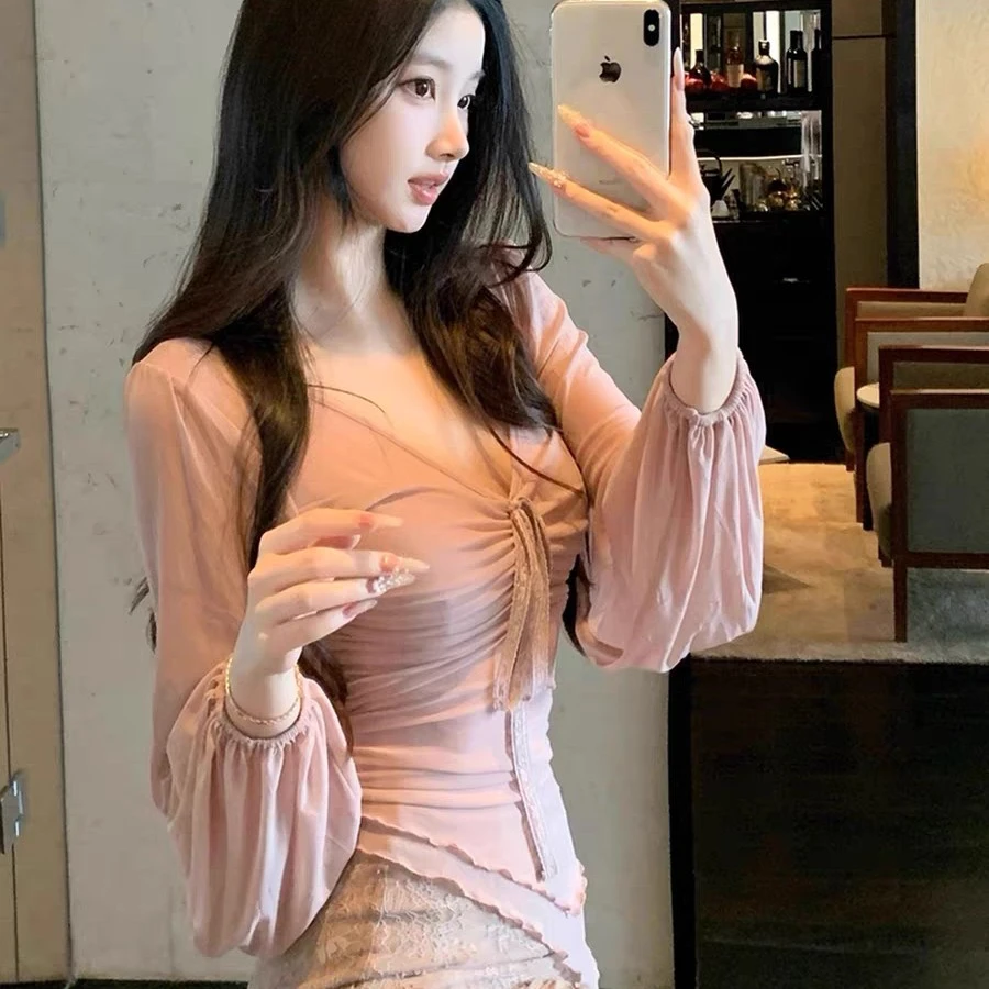 （运补6）薄款会透温柔风长袖防晒纯欲风V领褶皱气质弹力网纱夏季