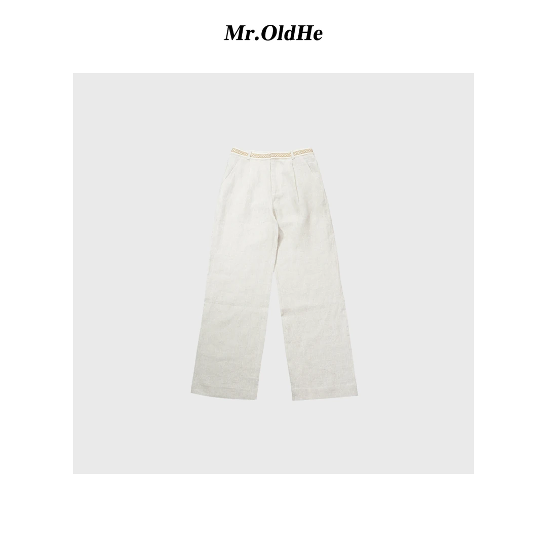 米白色春季极简风休闲阔腿腰部绣花亚麻高腰直筒西裤