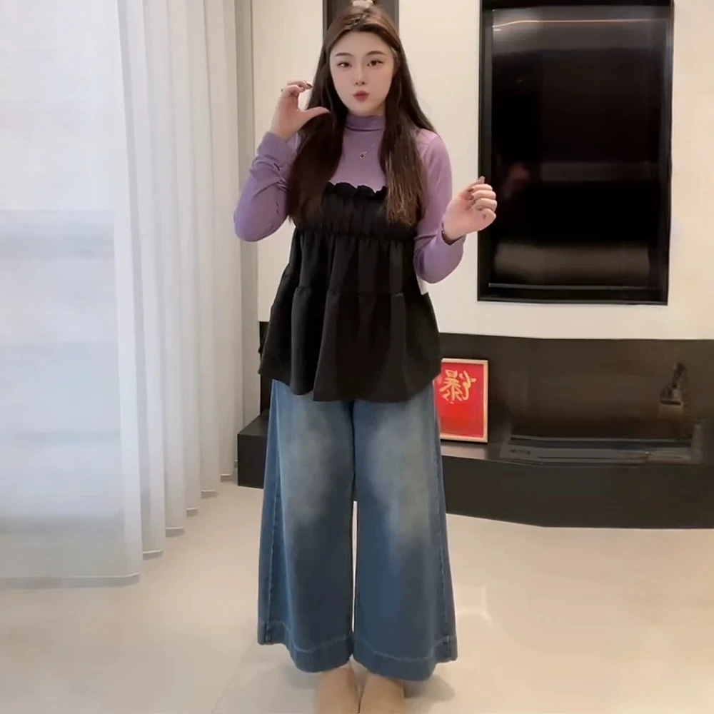 韩系甜美风花边吊带长袖打底上衣胖mm2025秋季款显瘦宽松大码女装