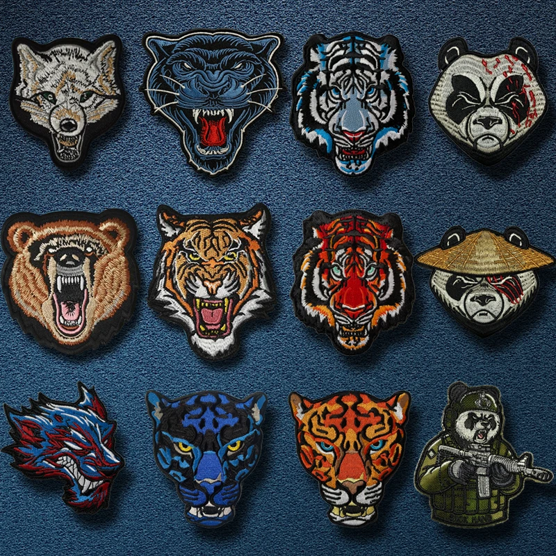 精品全刺绣老虎头熊头狼头魔术贴章军迷臂章动物士气章户外背包贴