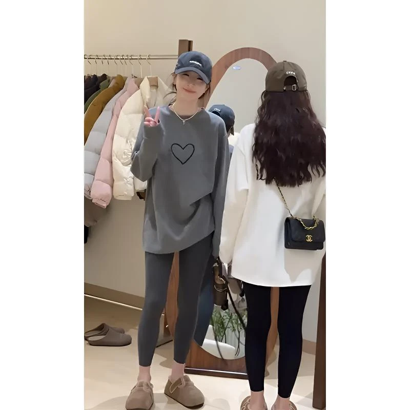 韩系爱心印花磨毛长袖T恤女2025秋冬新款小个子宽松德绒打底上衣