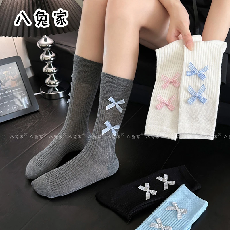 八兔家撞色蝴蝶结中筒袜春秋季miu系袜子女芭蕾风日系透气堆堆袜