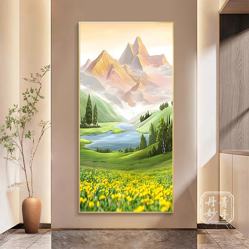 聚财金山入户玄关装饰画山水风景靠山客厅壁画走廊过道高级感挂画