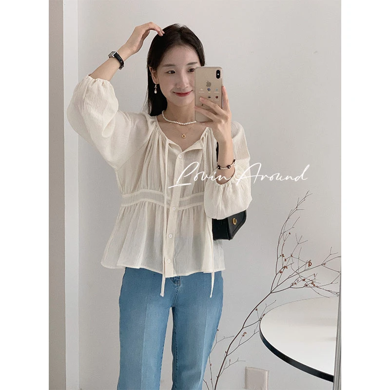 NO退NO换 清仓东大门肌理感领口绑带春季显瘦衬衫