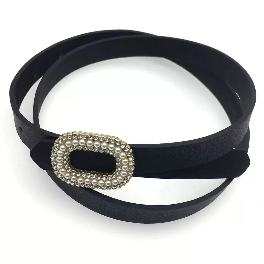 【BAIJIUER】时尚珍珠镶钻复古平滑扣休闲潮百搭细腰带皮带裤腰带