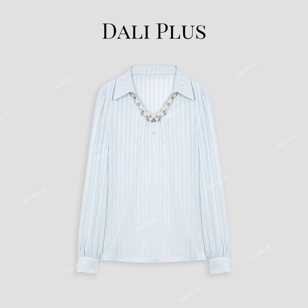 DALI PLUS高级感穿搭 珍珠装饰精致蓝条纹衬衫-D5SS7007