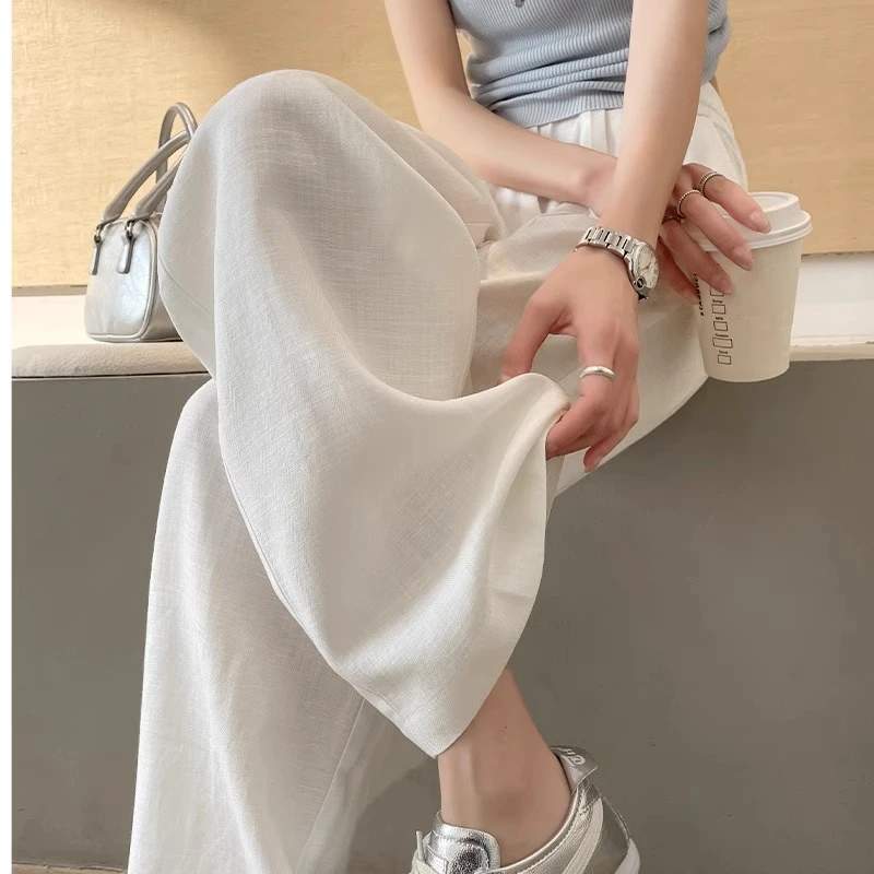亚麻天丝阔腿裤女2025夏季薄款高级感人字纹显瘦垂感透气休闲裤子