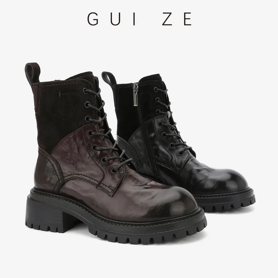 欧货胎牛皮女靴子2025秋冬新款真皮短靴复古厚底增高马丁靴时装靴