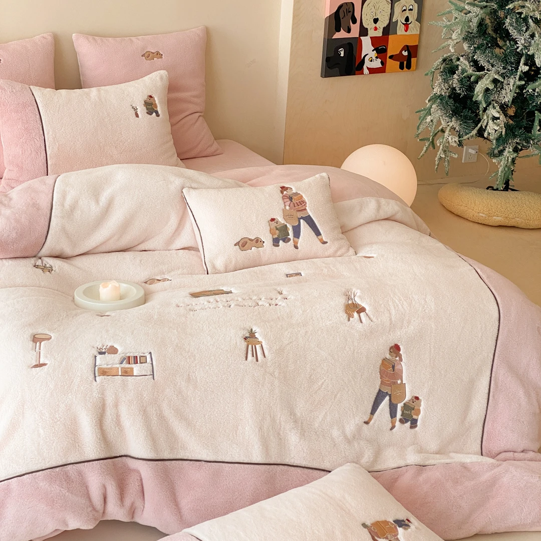 冬季卡通加厚全消光牛奶绒四件套可爱保暖兔毛绒被套床单床上用品