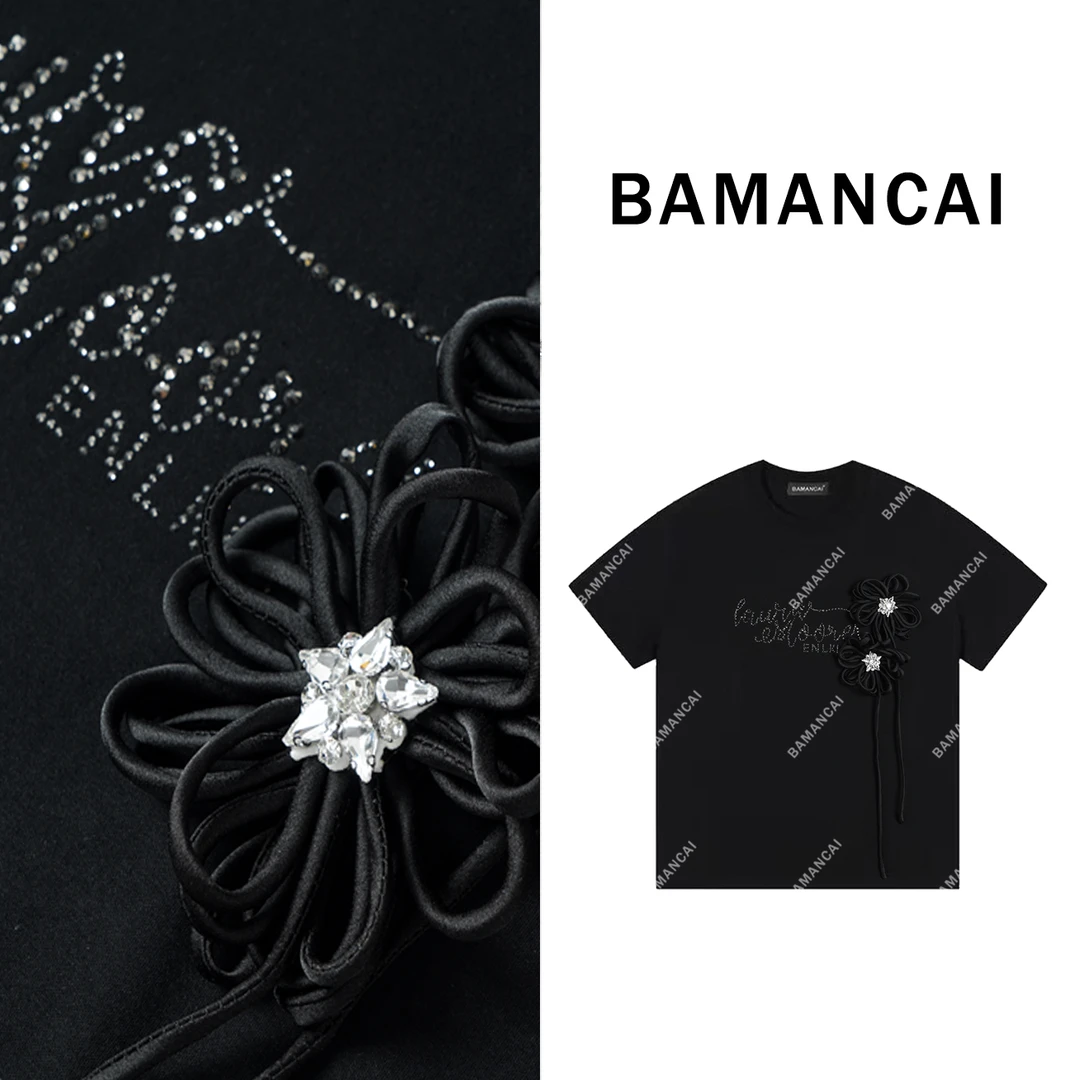 Bamancai-高级感重工大花花短袖T恤女夏季新款时尚简约宽松上衣