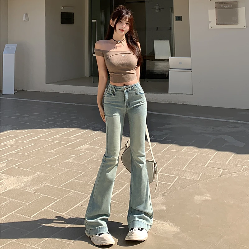 水洗美式微喇女2025新款春装高腰小个子显瘦弹力马蹄喇叭裤