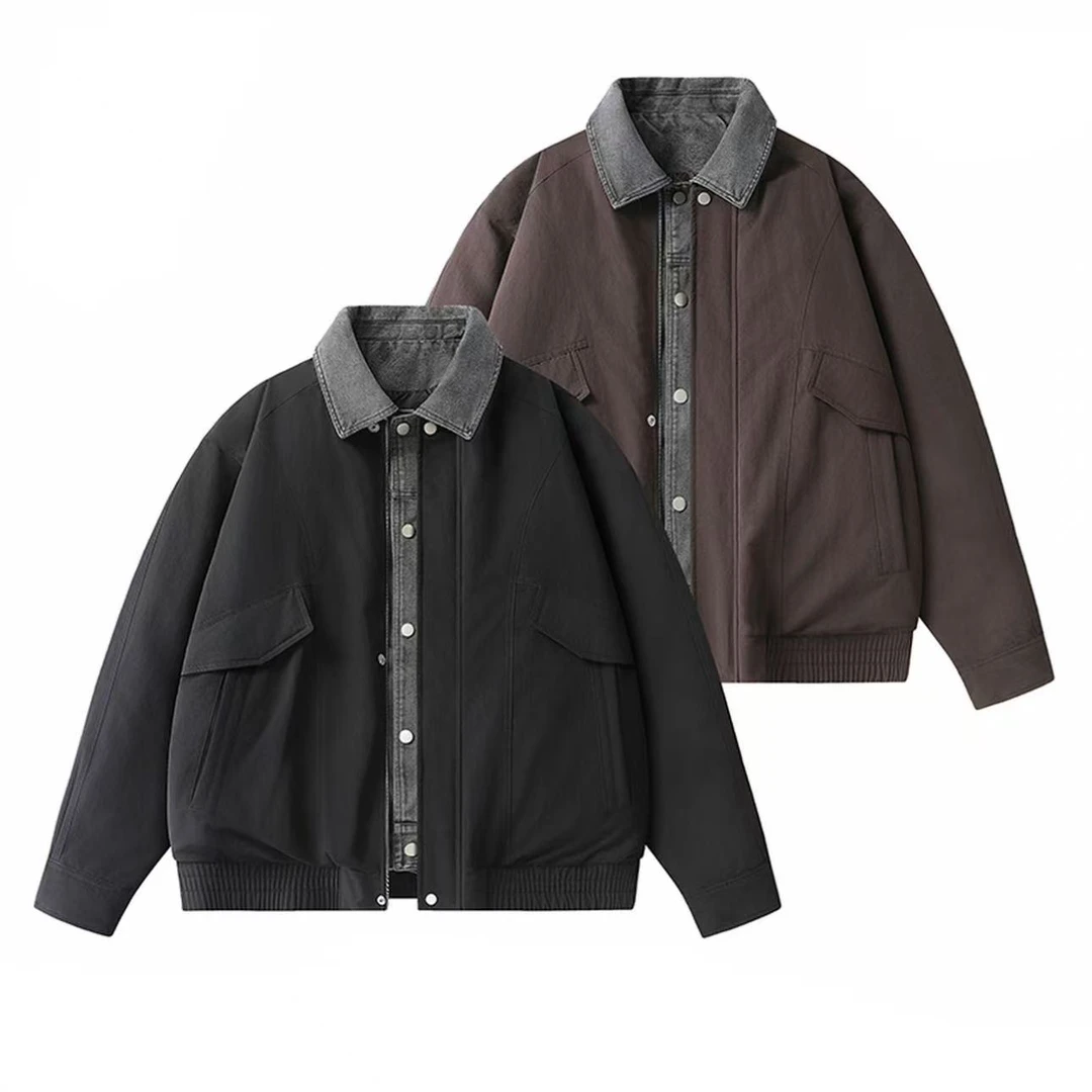 （羽绒服）翻领拼接牛仔假两件休闲百搭男士外套羽绒服