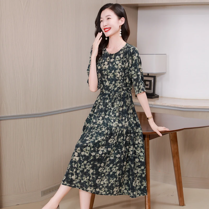 杭州重磅真丝连衣裙女夏季2025新款时尚印花显瘦高端裙子