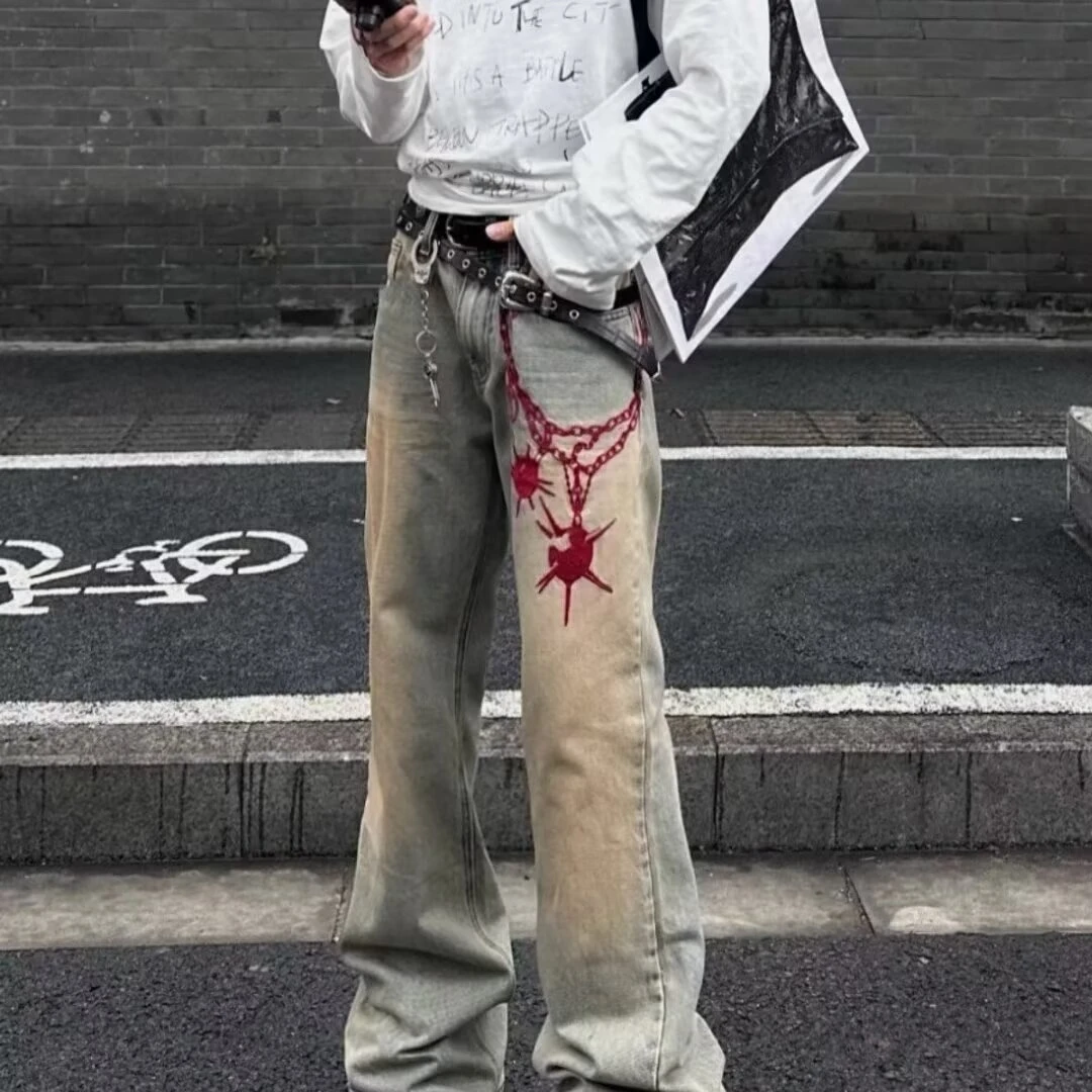 港风潮男夏季新款2024个性字母牛仔裤嘻哈ins潮高街潮流痞帅长裤