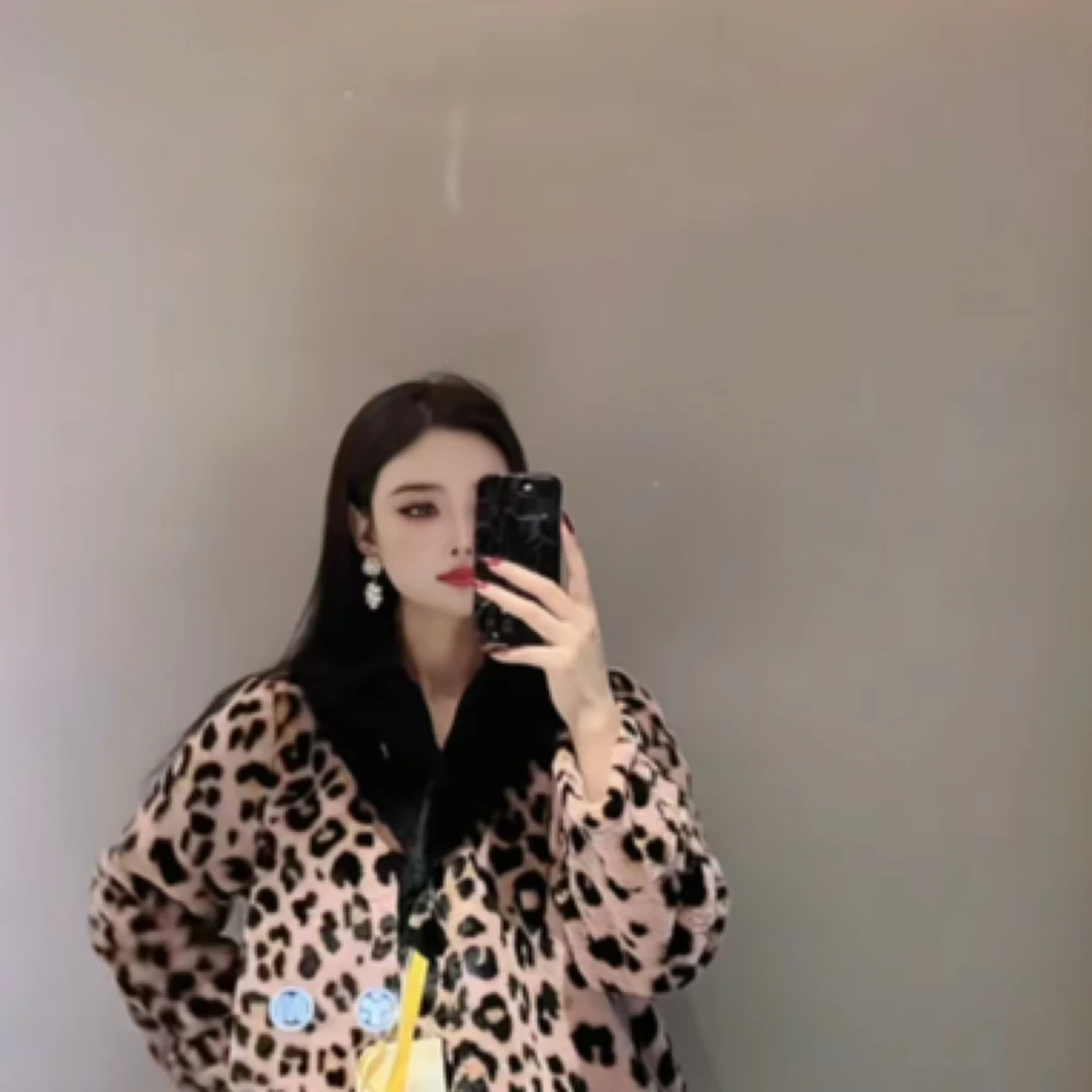 AN粉红豹狐拼接豹纹秋冬女法兰绒两件套装仿兔毛家居服