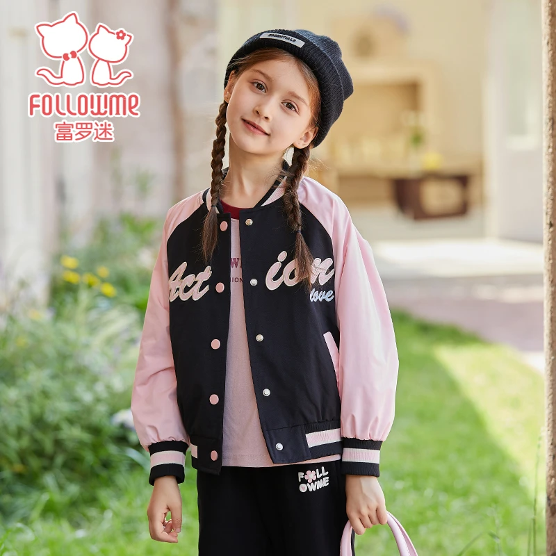 富罗迷儿童外套拼接撞色棒球服春秋女童休闲洋气印花上衣F3A8209S