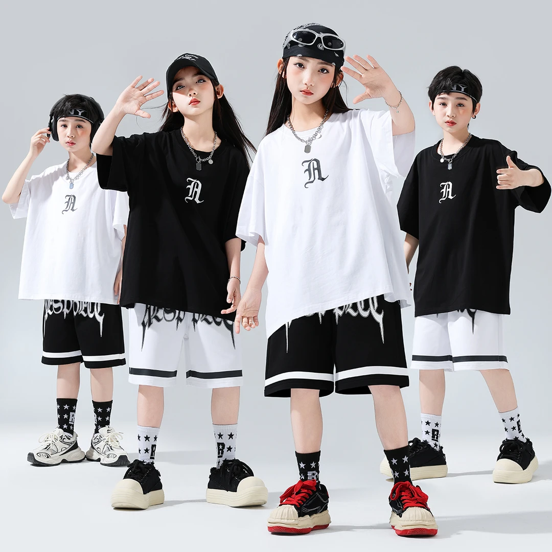 儿童嘻哈街舞演出服男女童酷帅宽松T恤嘻哈hiphop舞蹈练功服套装