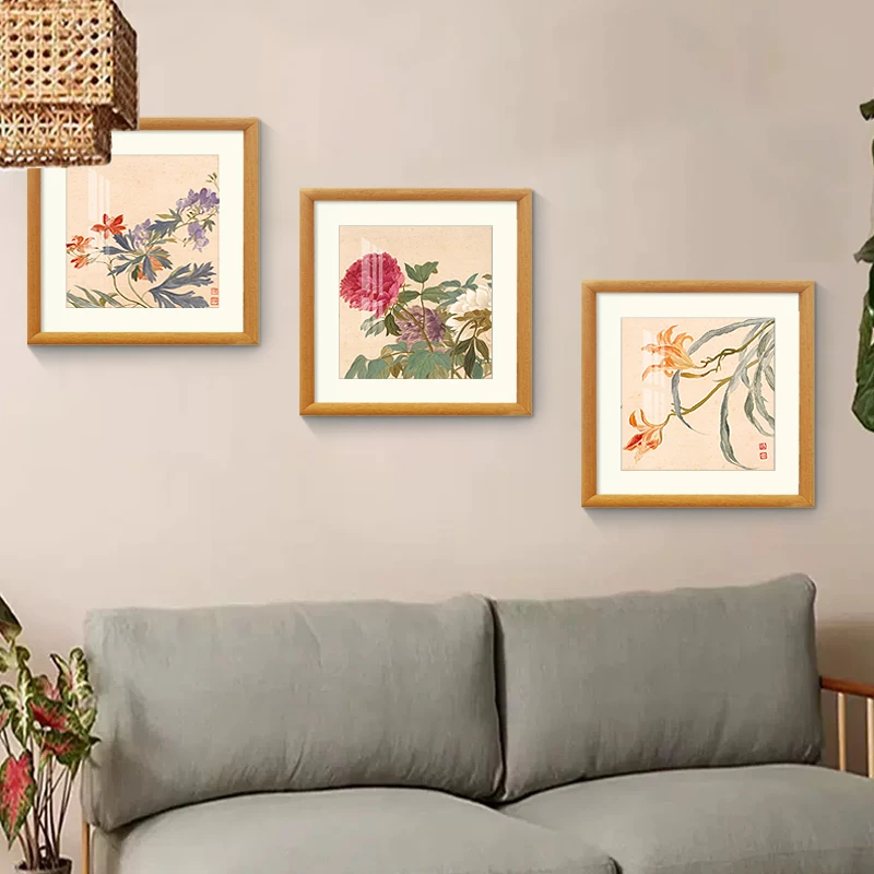 三联画花草集客厅沙发烫金墨工艺艺术装裱装饰画水墨画面作品挂画