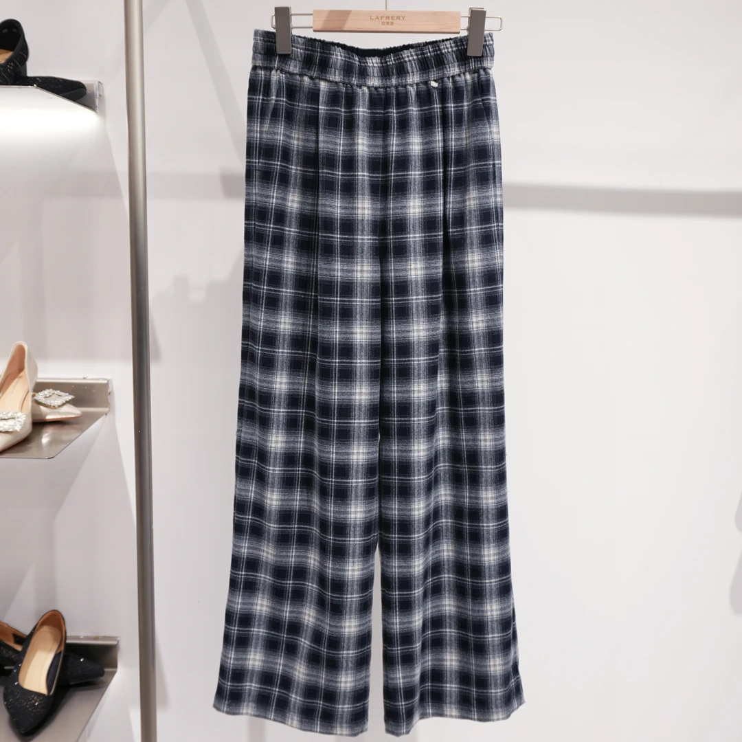 【方圆服饰】时尚蓝格休闲直筒女裤松紧腰设计百搭舒适