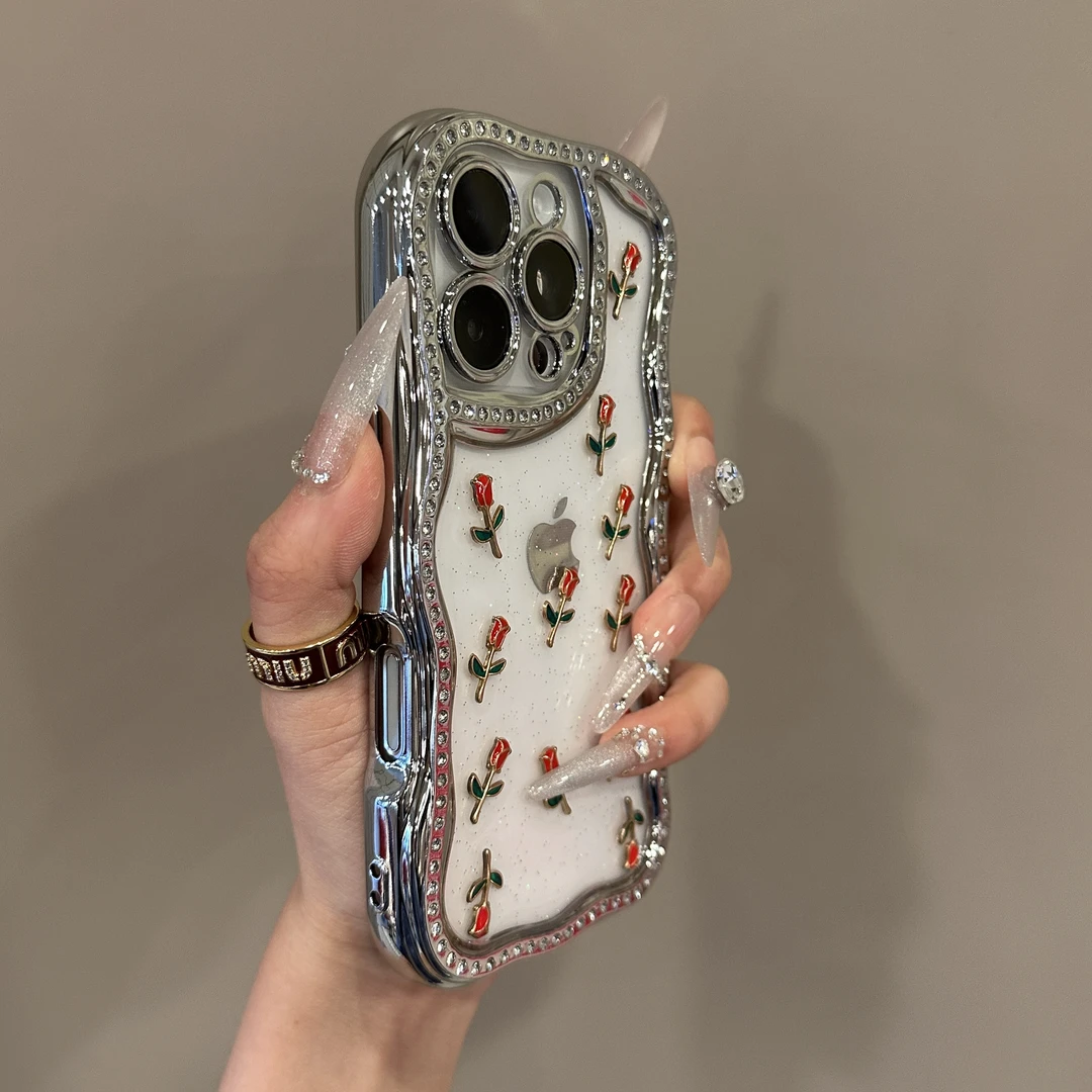 高级感闪钻玫瑰适用苹果16promax手机壳iPhone15pro防摔14新款13