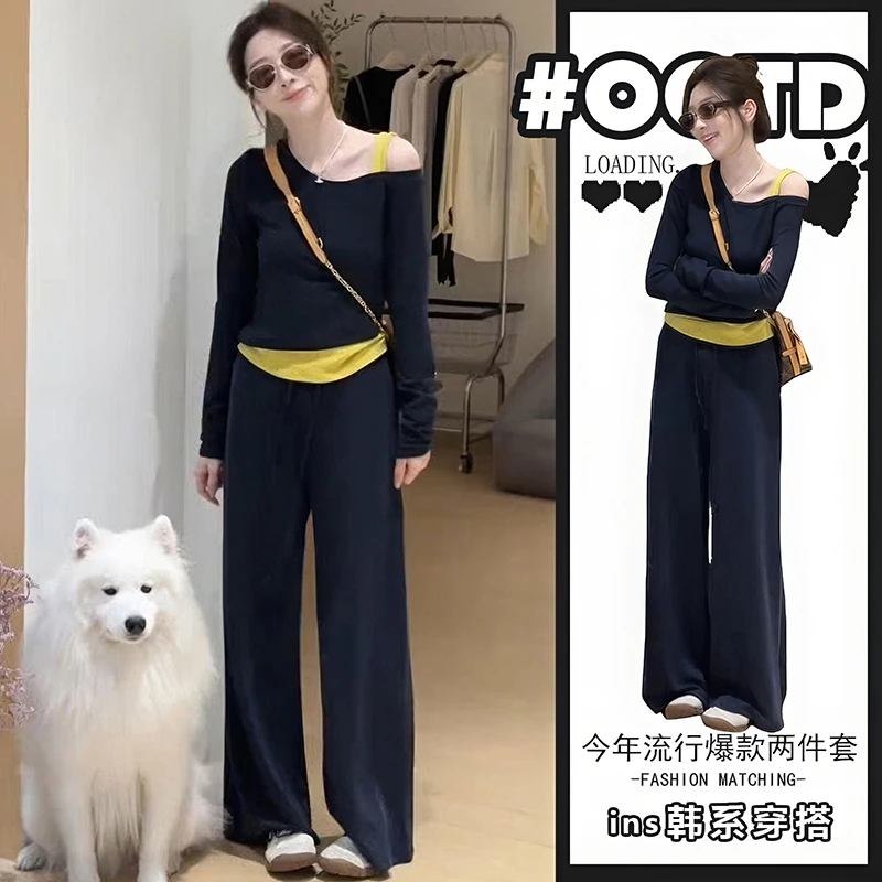 韩系设计感套装女撞色假两件斜肩上衣高腰显瘦休闲裤子穿搭一整套