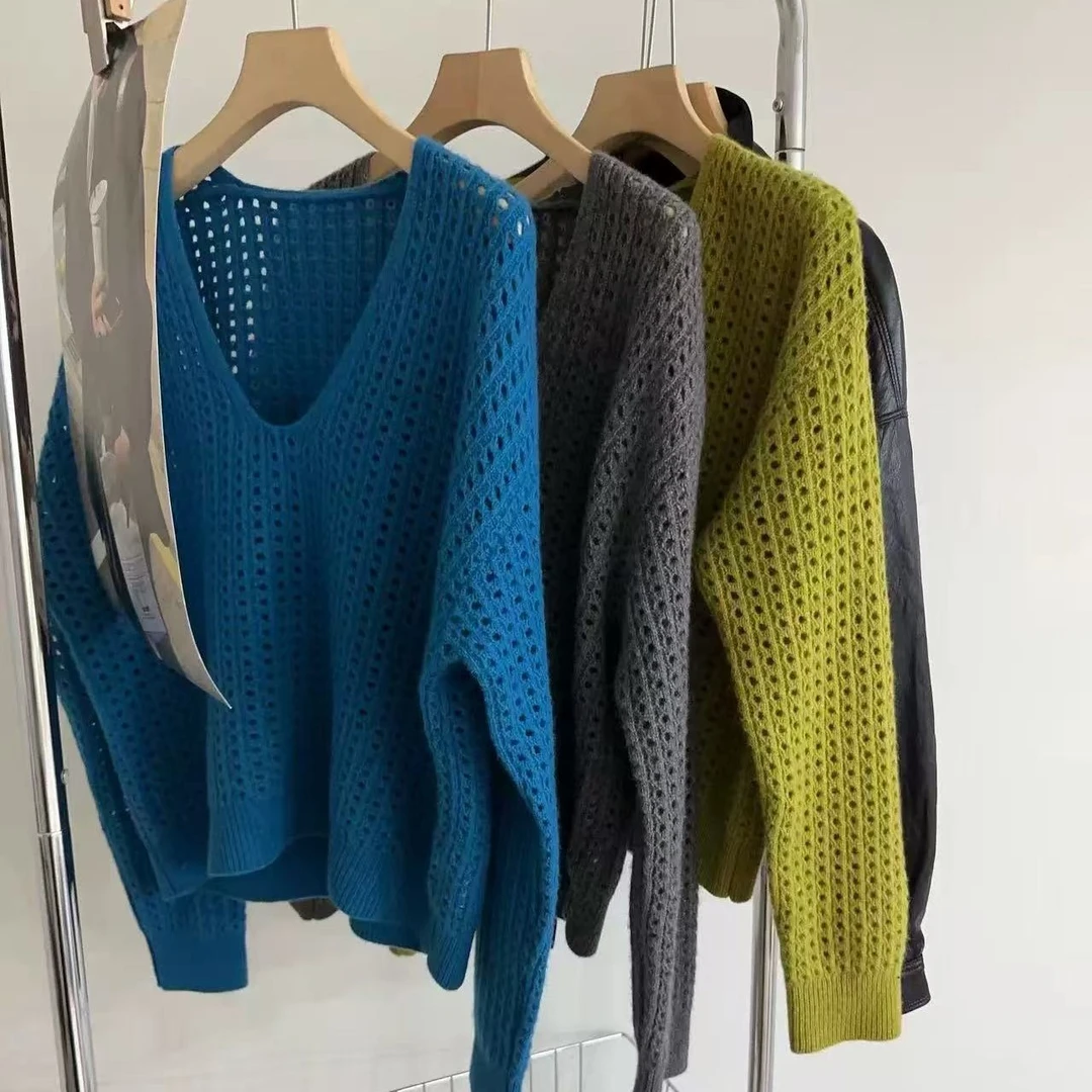 Y T原创（韩系纯色V领长袖针织衫女秋季新款镂空松弛感宽松上衣）