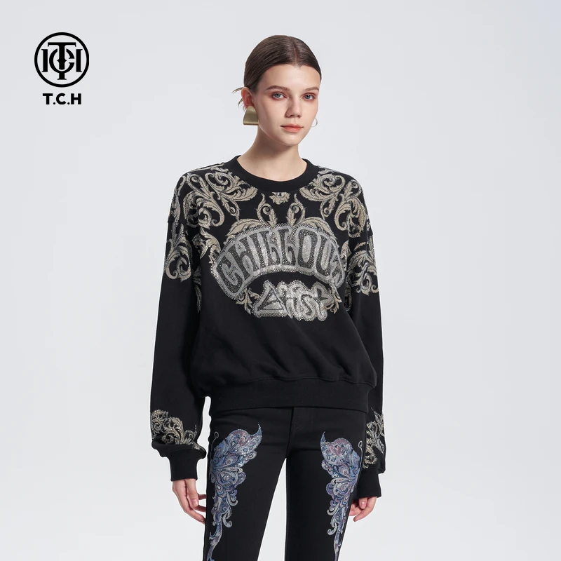 TCH 潮牌个性花纹烫钻高街套头卫衣男24秋冬圆领衫女T72C116097