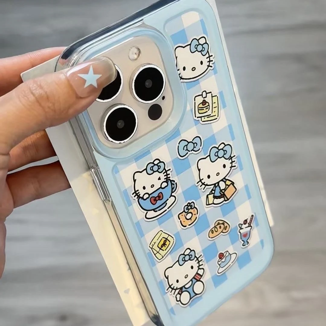 蓝白格凯蒂适用于苹果16/15pro手机壳iPhone14透明大孔13pro可爱