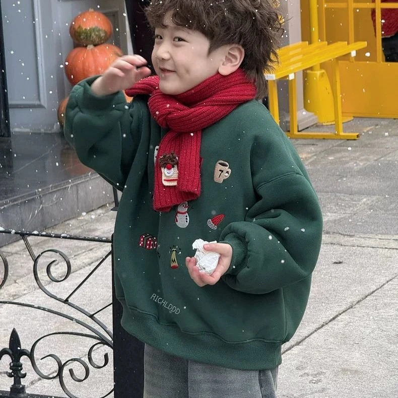 男童卫衣2025秋冬新款加绒韩版休闲宽松绿色卡通动漫秋冬加厚上衣