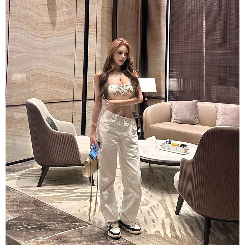 2025夏季新款chic网红同款纯欲编织抹胸收腰上衣+高腰显瘦牛仔裤