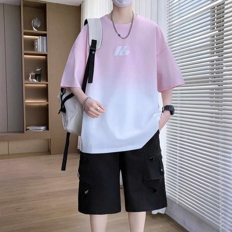 短袖套装男青少年2025夏季时尚渐变潮牌爆款T恤短裤休闲宽松套装
