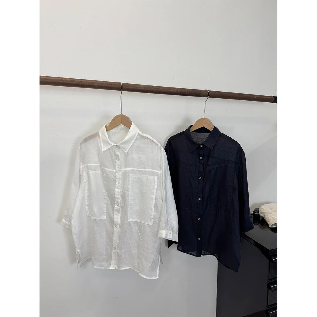 7七分袖 斜纹理轻薄苎麻 大口袋翻领夏季透透的简约款衬衫