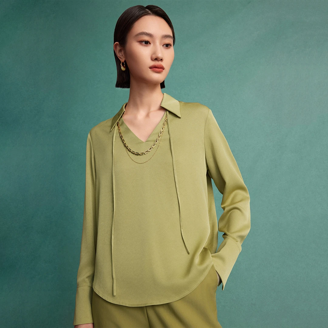 【诗语专属】醋酸缎感套头衫女2024秋V型翻领设计感上衣