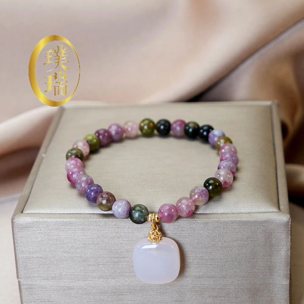 天然碧玺配玉髓无事牌手链 多样性发一 SL524