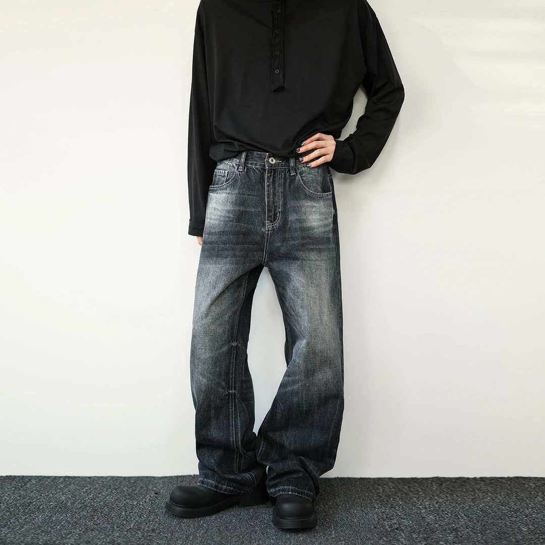 SYBBZ秋冬蓝色渐变磨白宽松直筒阔腿裤男款美式潮牌休闲百搭长裤