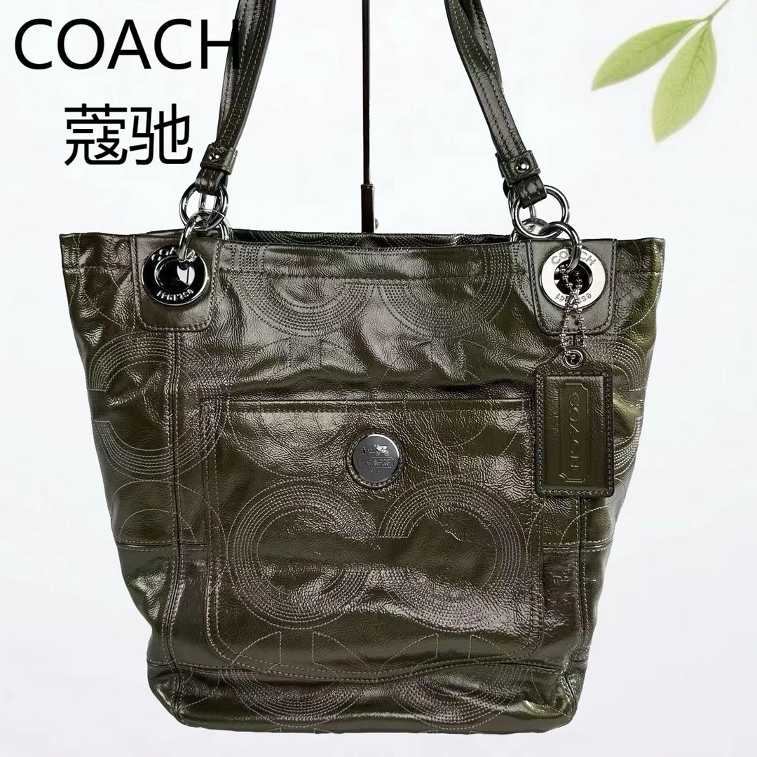 99新 COACH/蔻驰 军绿色油蜡皮单肩包G25803822底长22X26