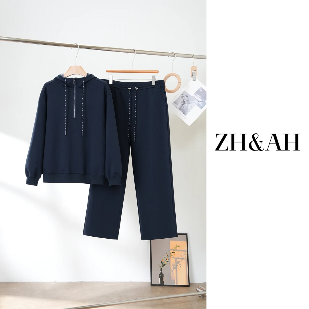 ZH&AH【虚拟世界】秋季新款时尚气质百搭孕期简约通勤藏青套装裤
