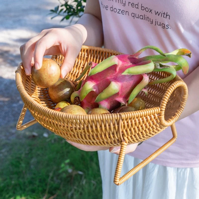 K3家用客厅厨房创意桌面水果架水果零食筐厨房置物架果盆果篮仿藤