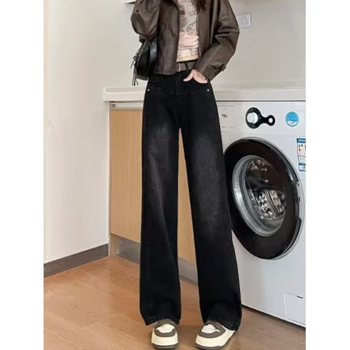 复古水泥灰欧美直筒牛仔裤女春夏新款高腰显瘦宽松遮肉垂感阔腿裤