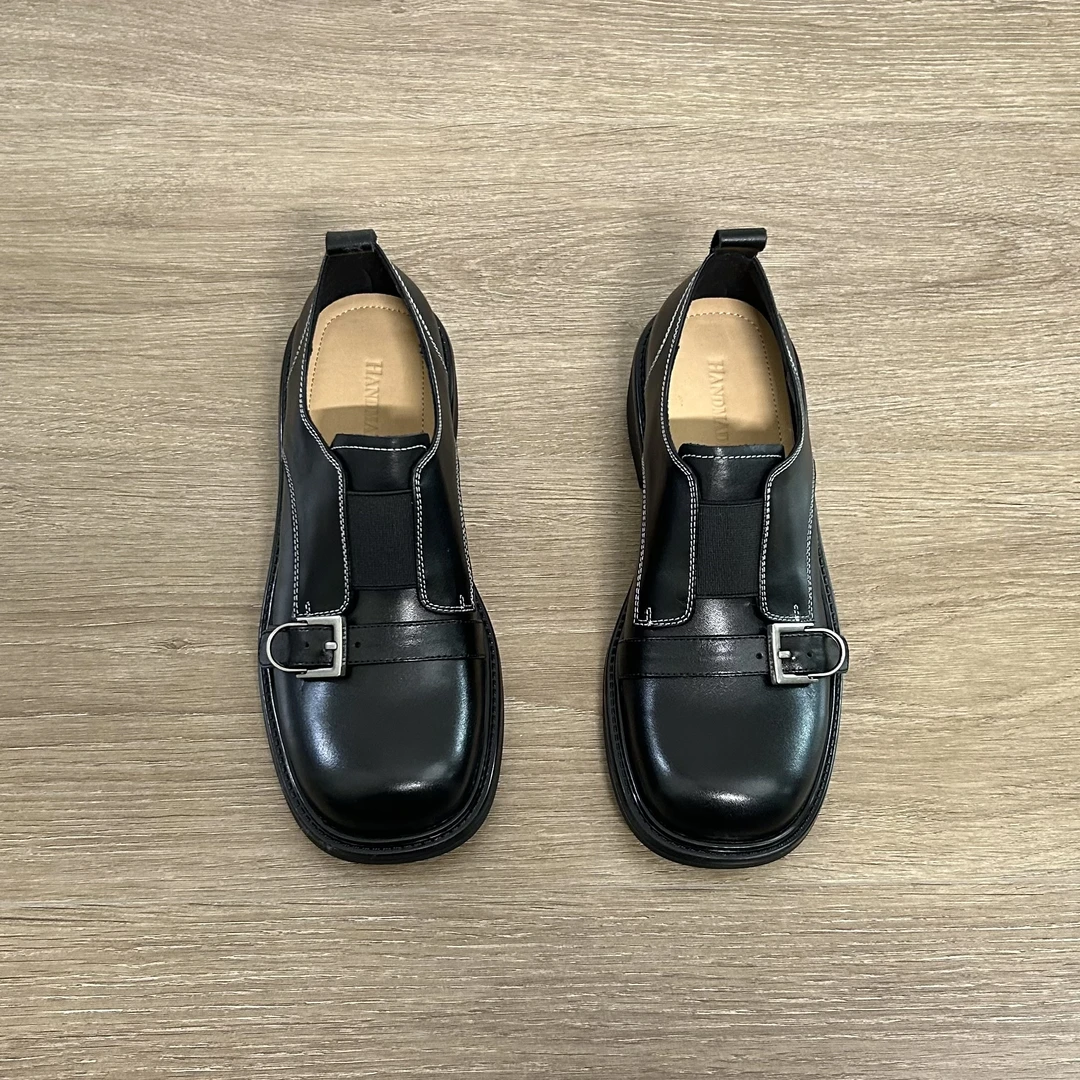 Dannyfrey英伦风皮带扣乐福鞋女真皮百搭金属扣圆头皮鞋4CM